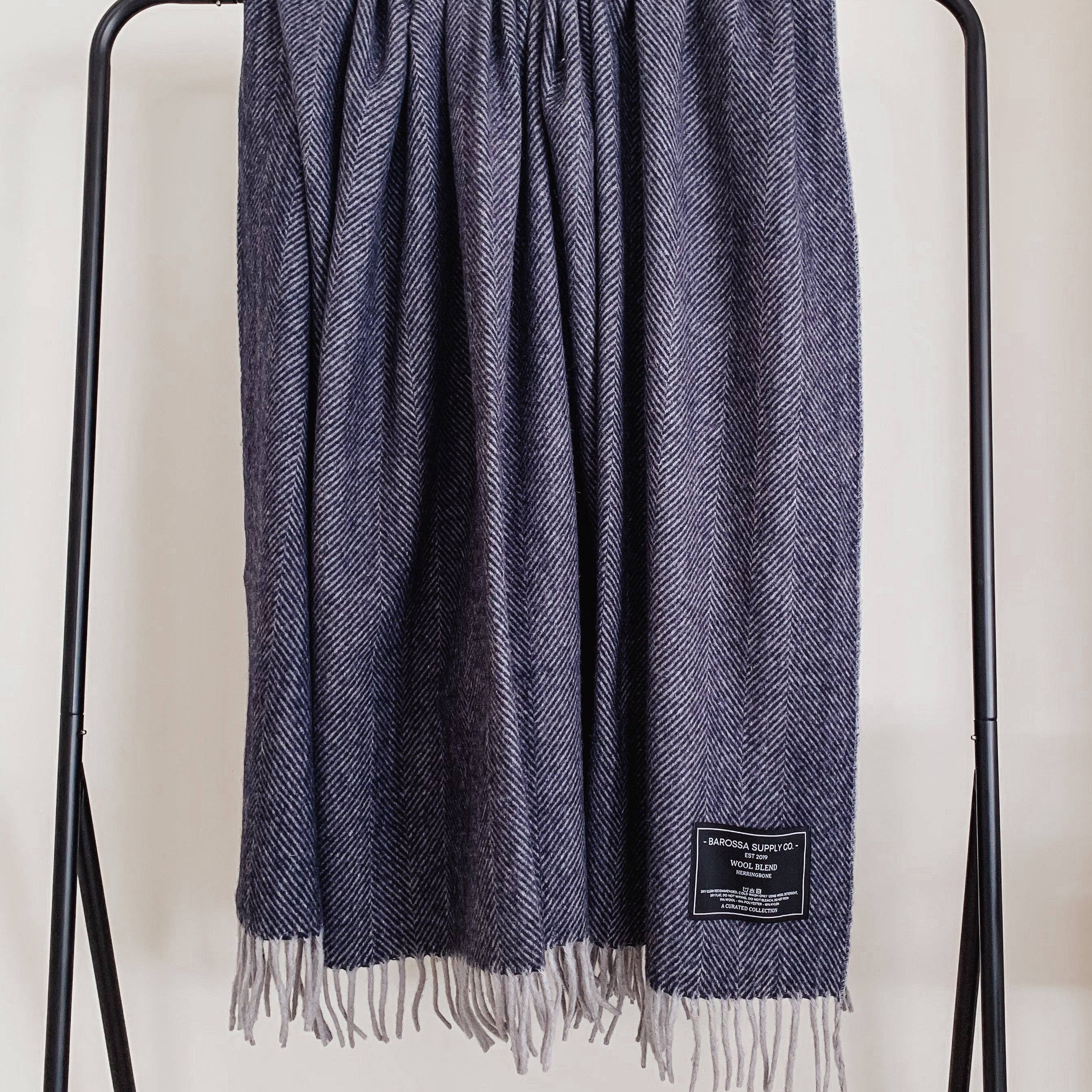 Herringbone Wool Blend Blanket - Blue