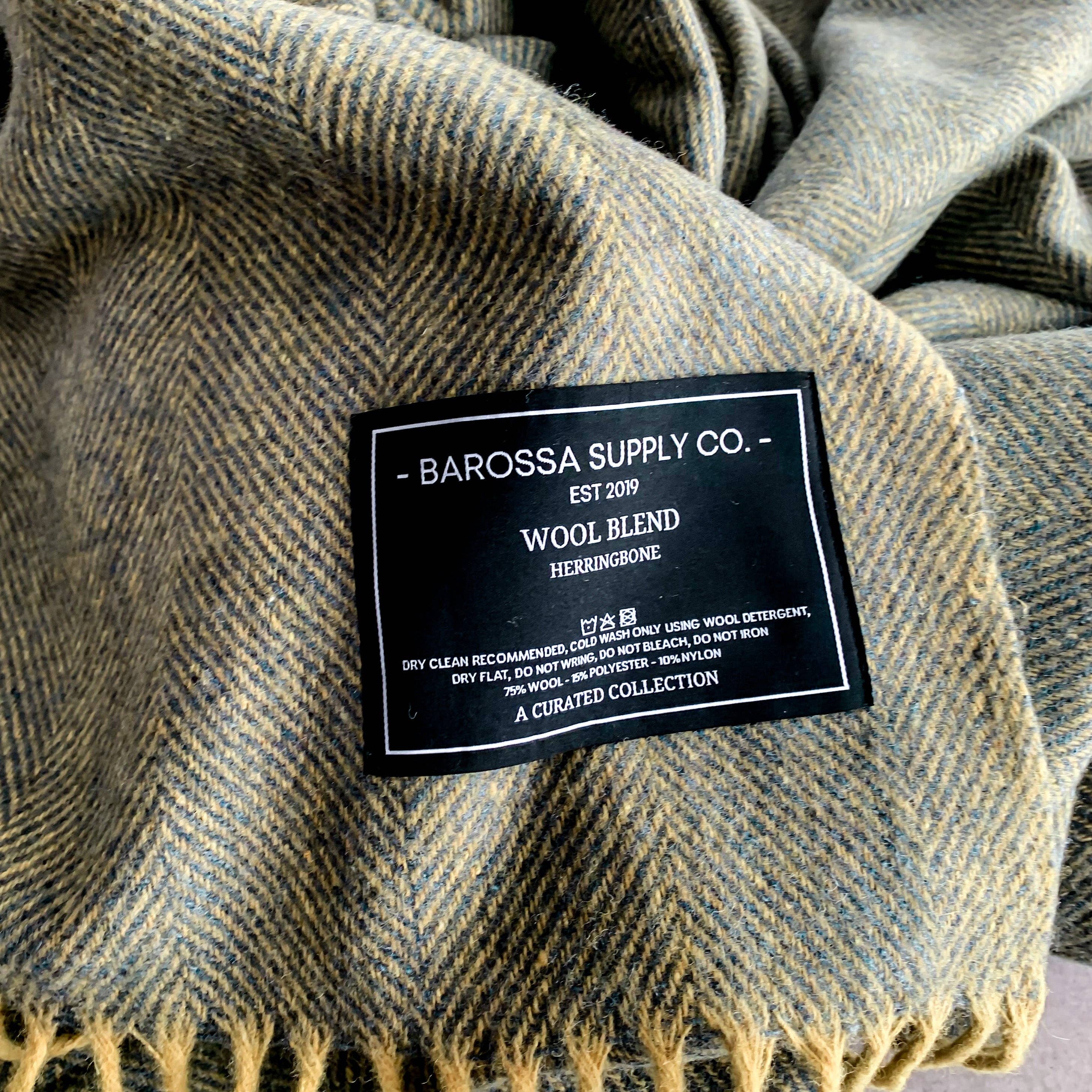 Herringbone Wool Blend Blanket - Blue / Yellow Ochre