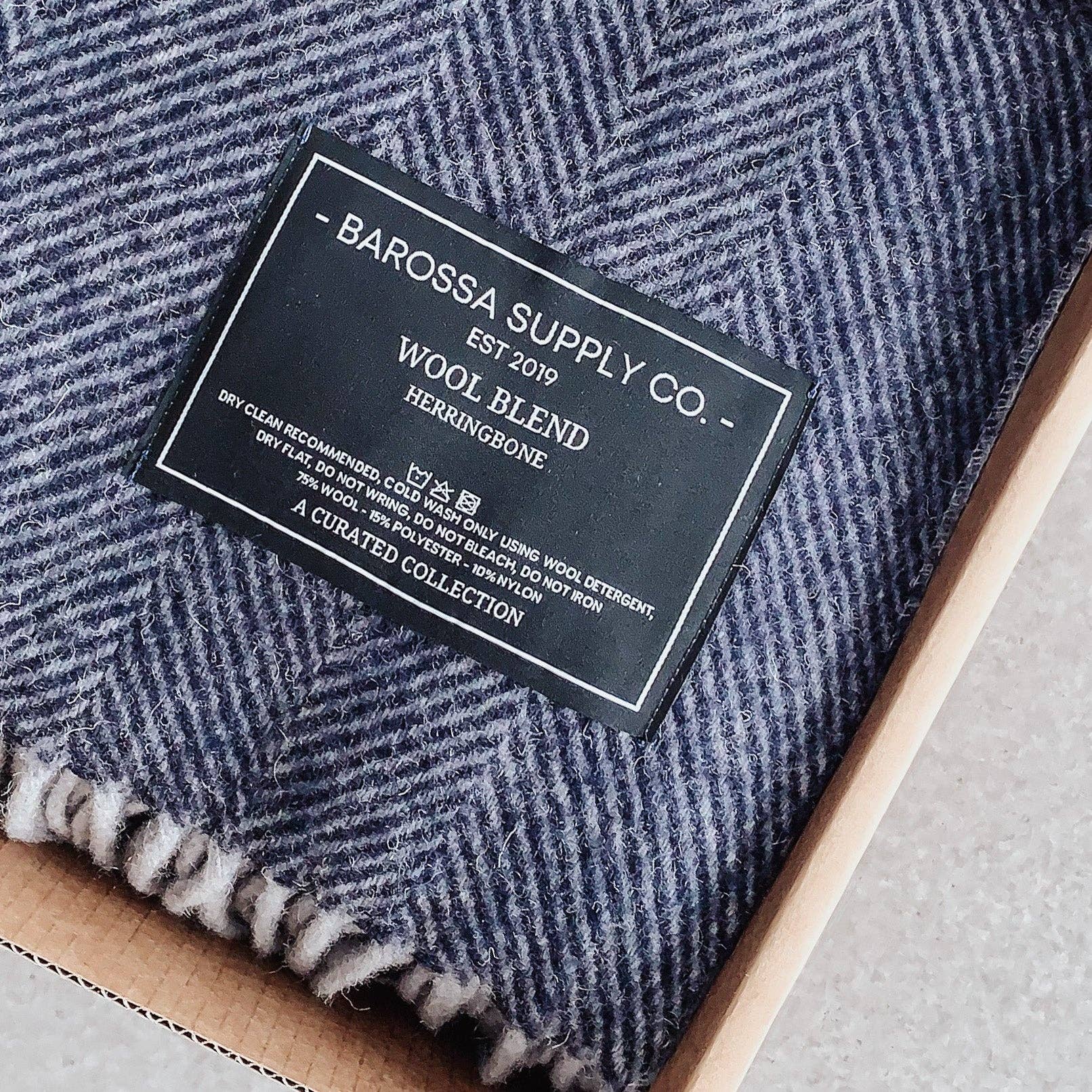 Herringbone Wool Blend Blanket - Blue