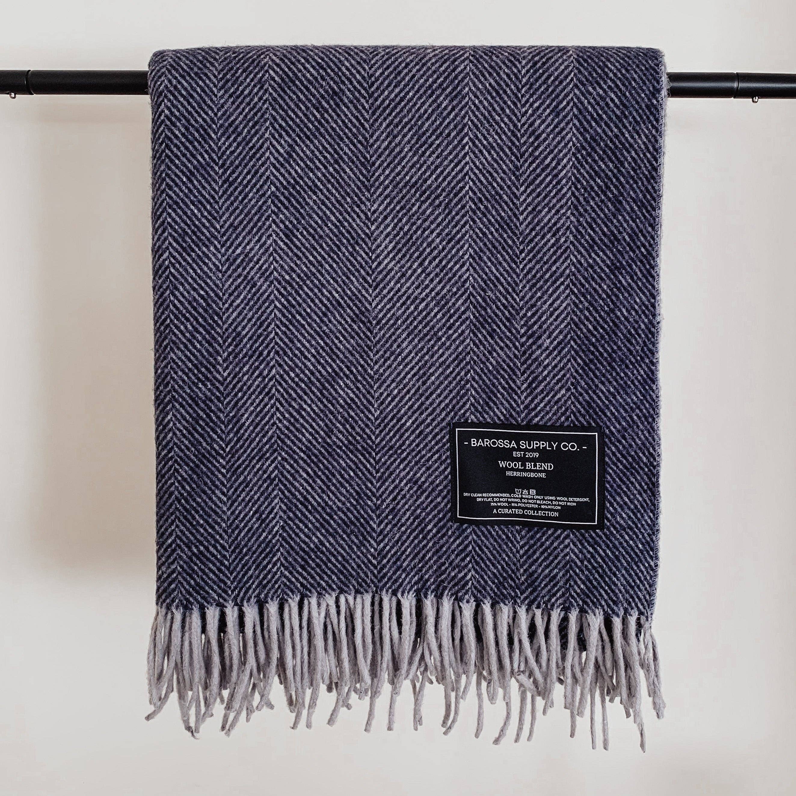 Herringbone Wool Blend Blanket - Blue