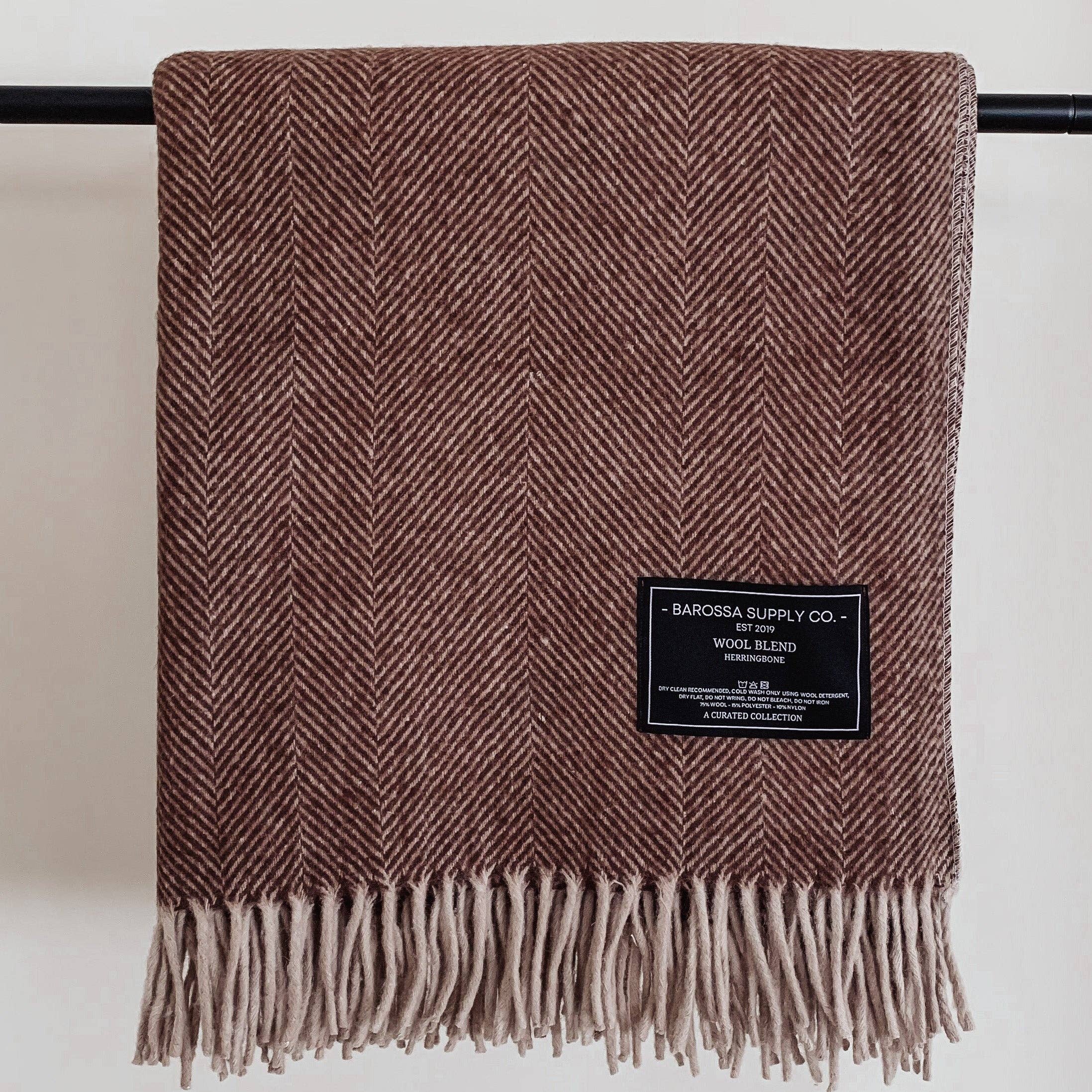 Herringbone Wool Blend Blanket - Chocolate
