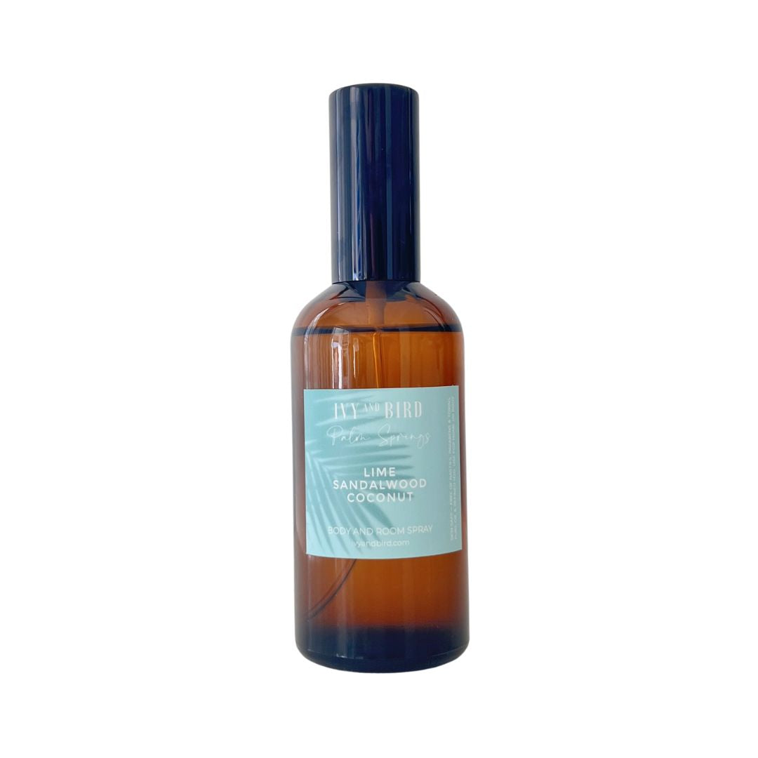 coconut and sandalwood room spray in bottle on white background