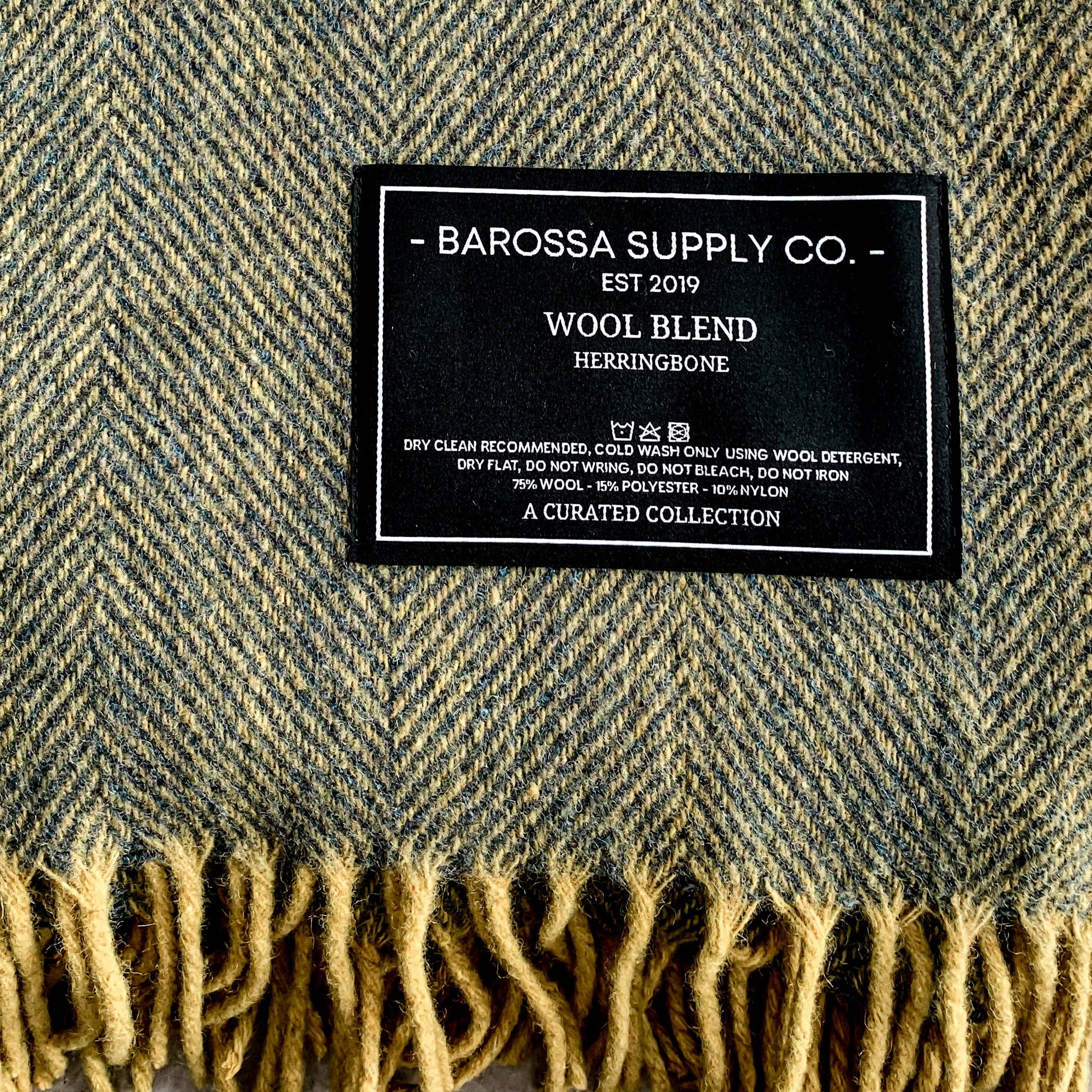 Herringbone Wool Blend Blanket - Blue / Yellow Ochre