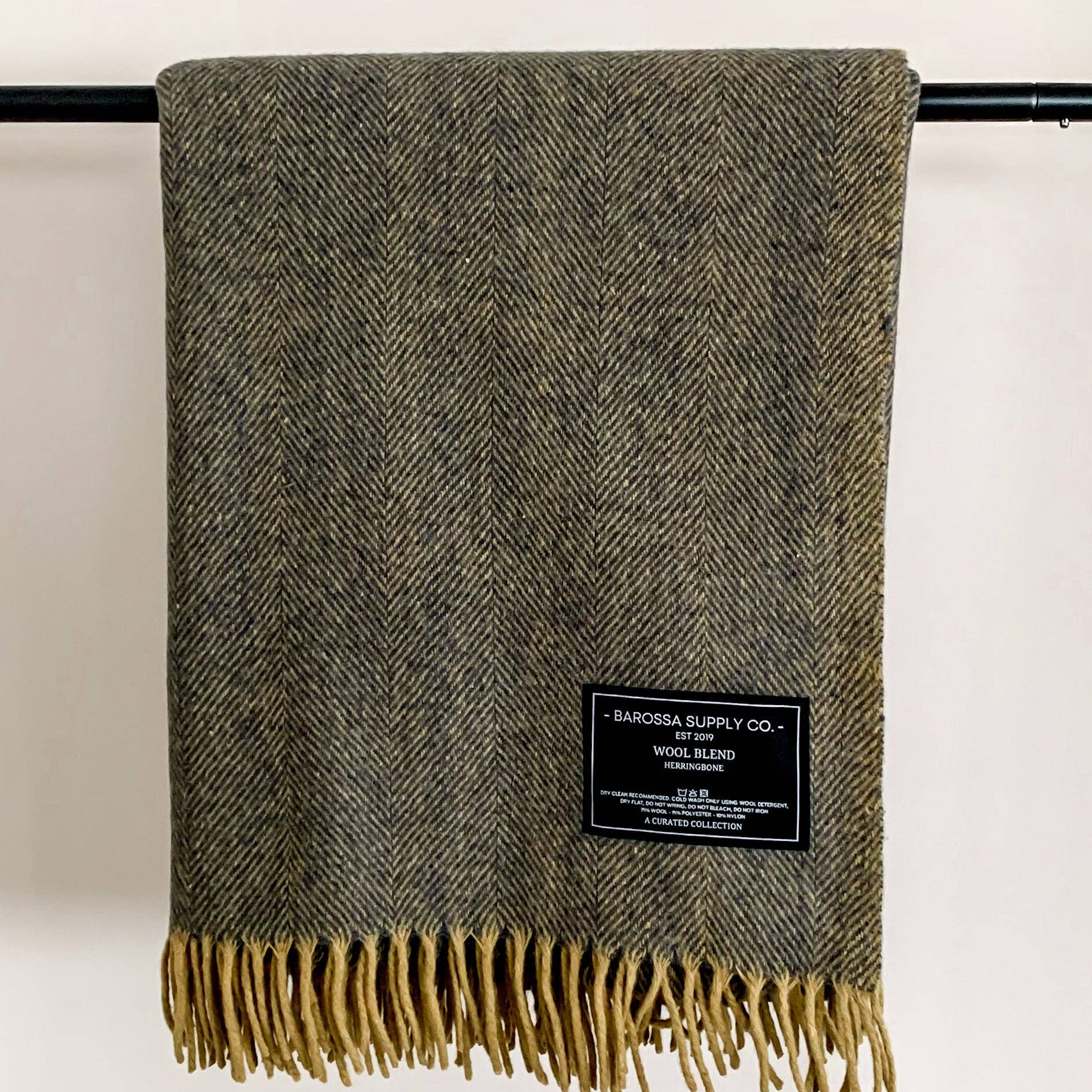 Herringbone Wool Blend Blanket - Blue / Yellow Ochre