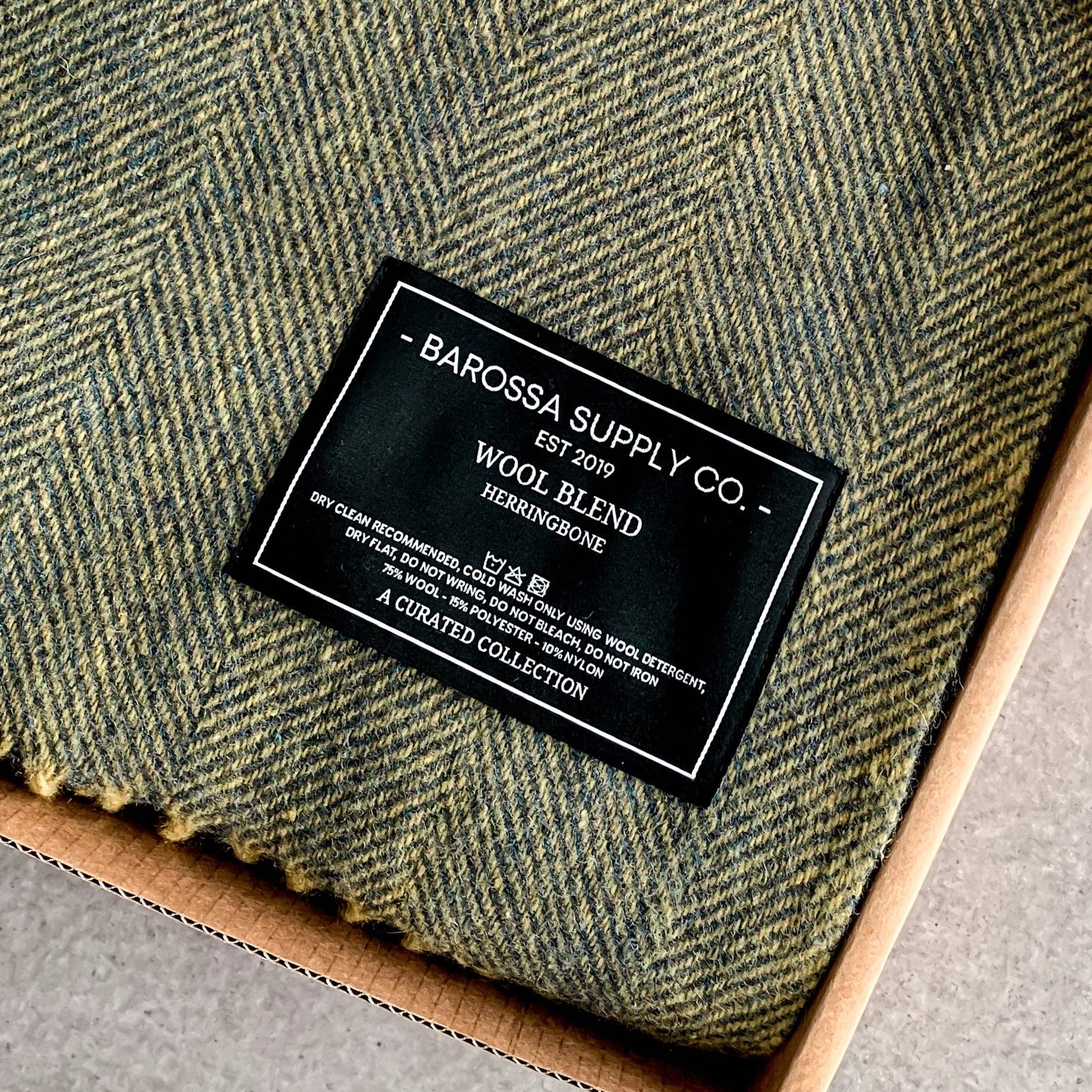 Herringbone Wool Blend Blanket - Blue / Yellow Ochre