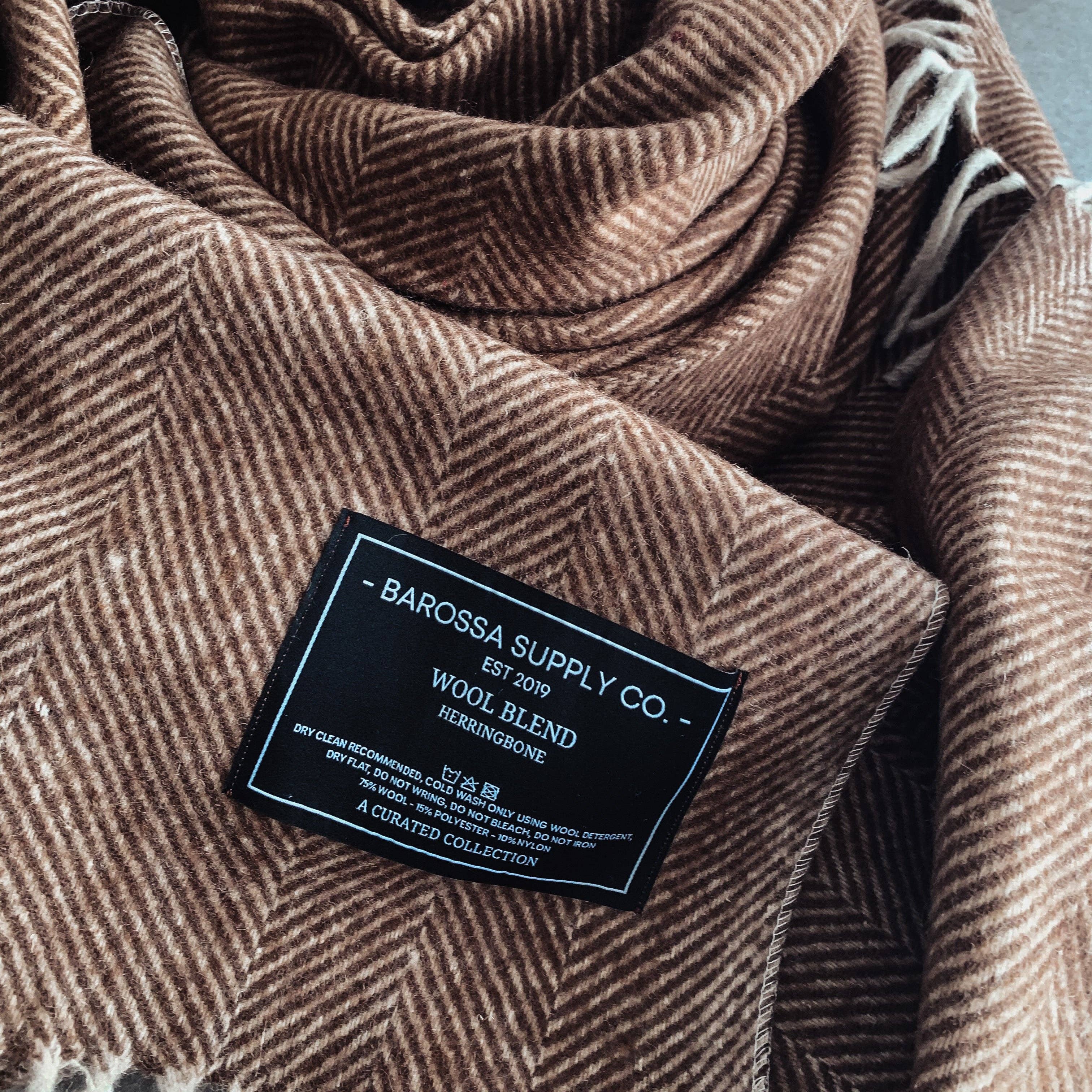 Herringbone Wool Blend Blanket - Chocolate