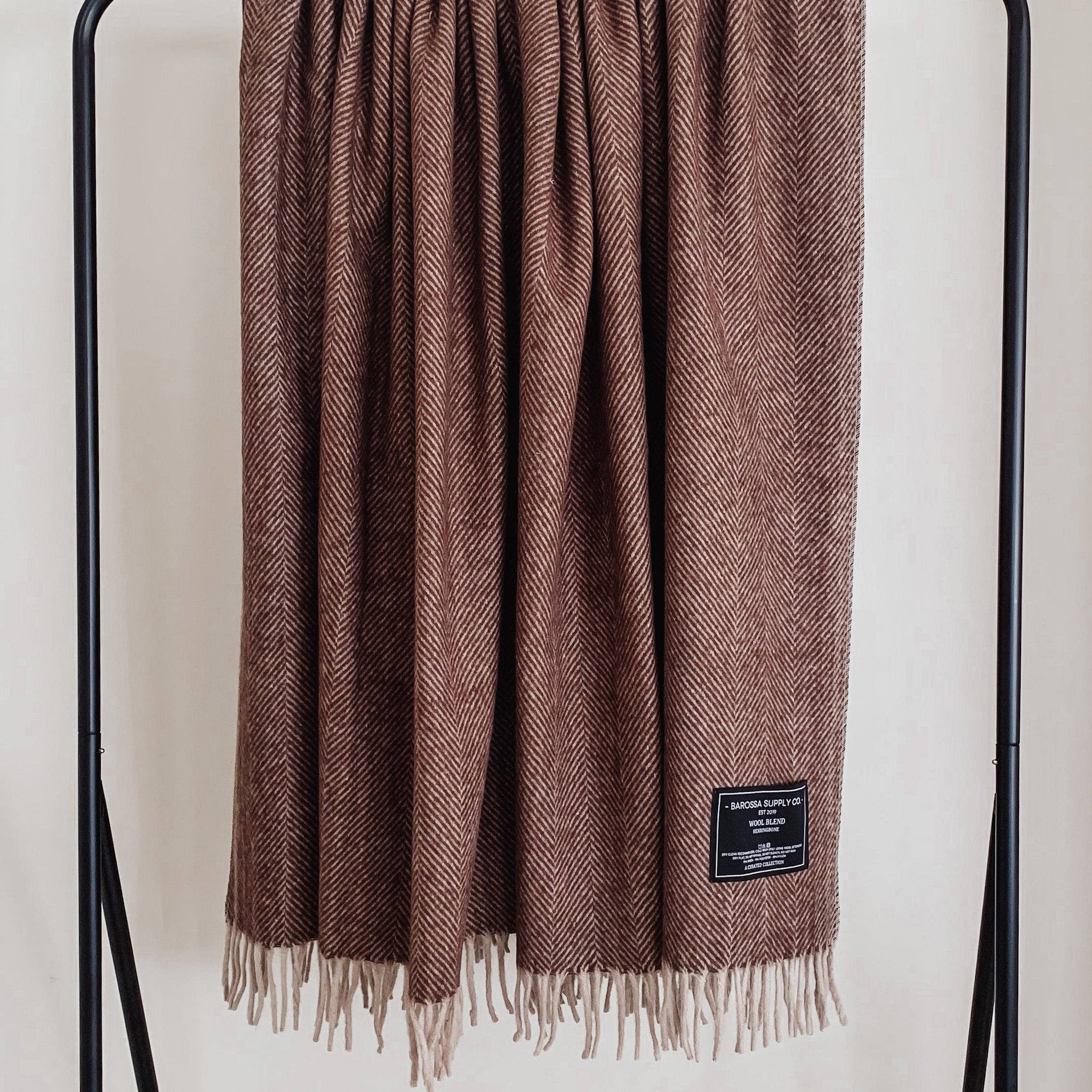 Herringbone Wool Blend Blanket - Chocolate