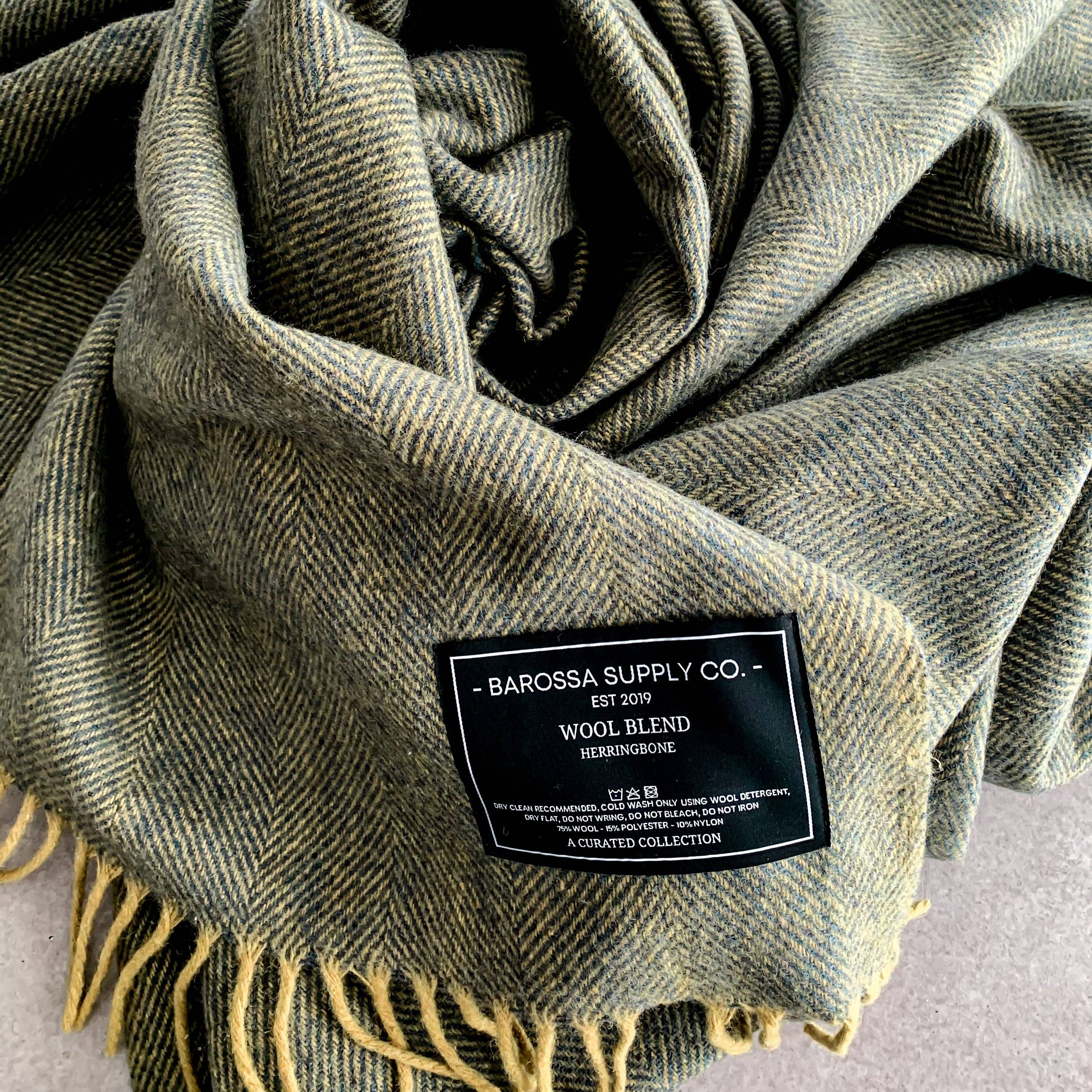 Herringbone Wool Blend Blanket - Blue / Yellow Ochre