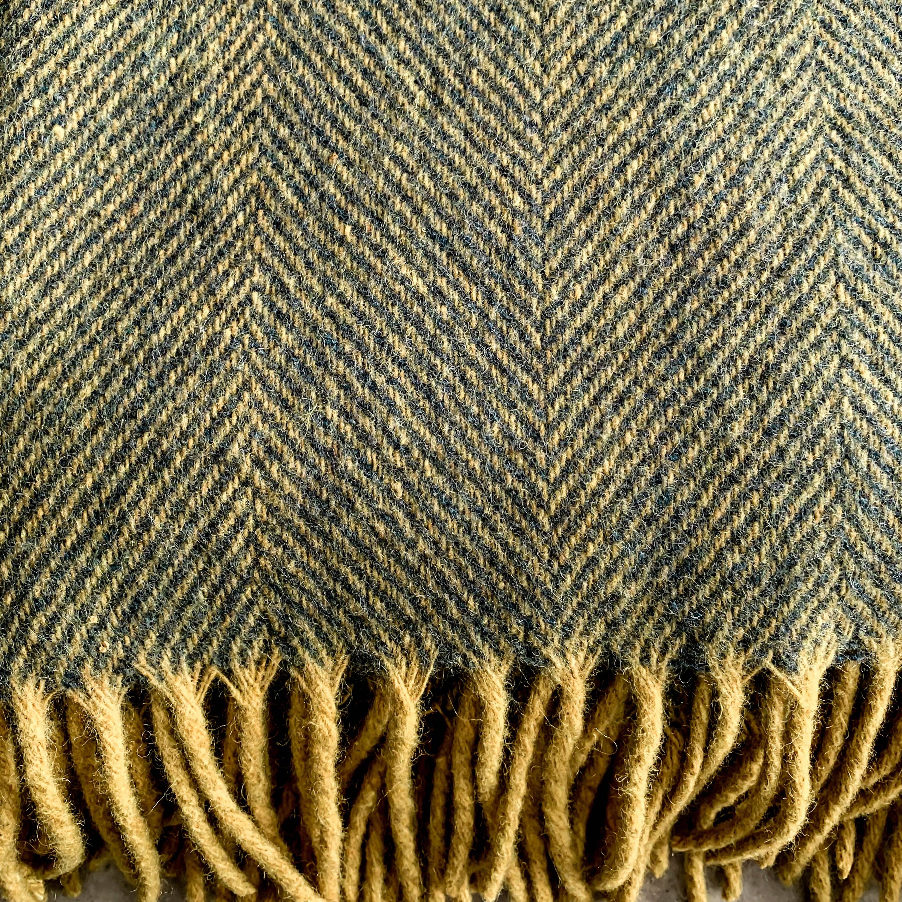 Herringbone Wool Blend Blanket - Blue / Yellow Ochre