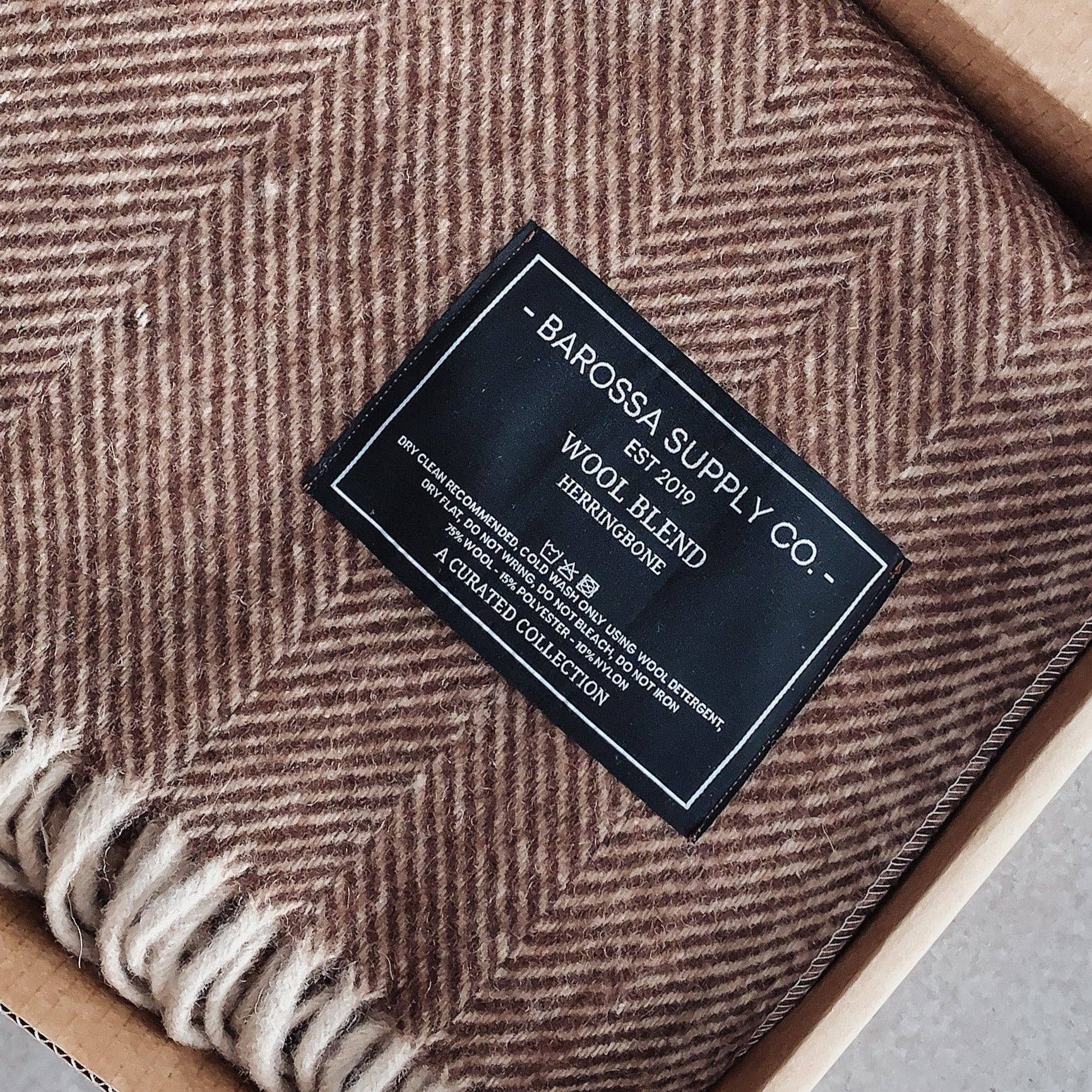 Herringbone Wool Blend Blanket - Chocolate