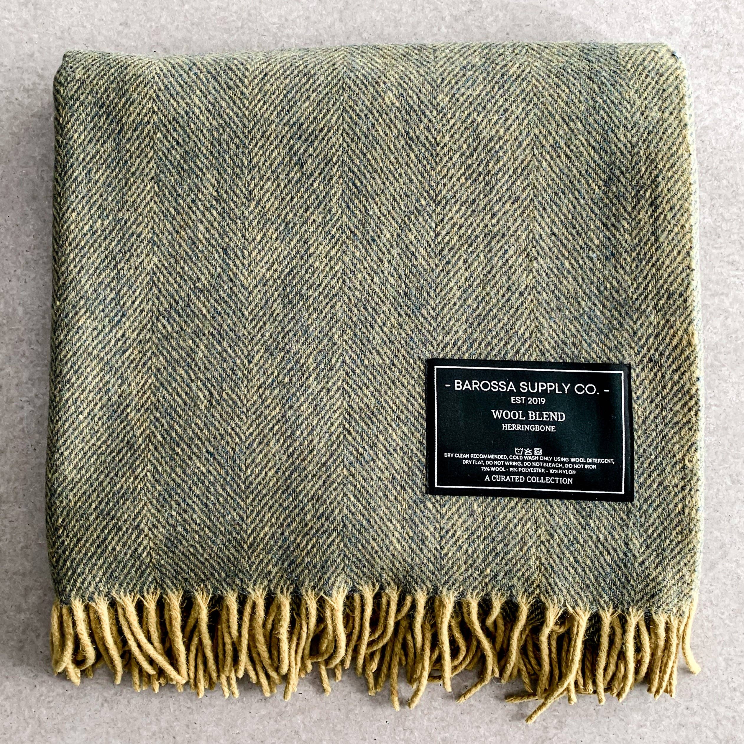 Herringbone Wool Blend Blanket - Blue / Yellow Ochre