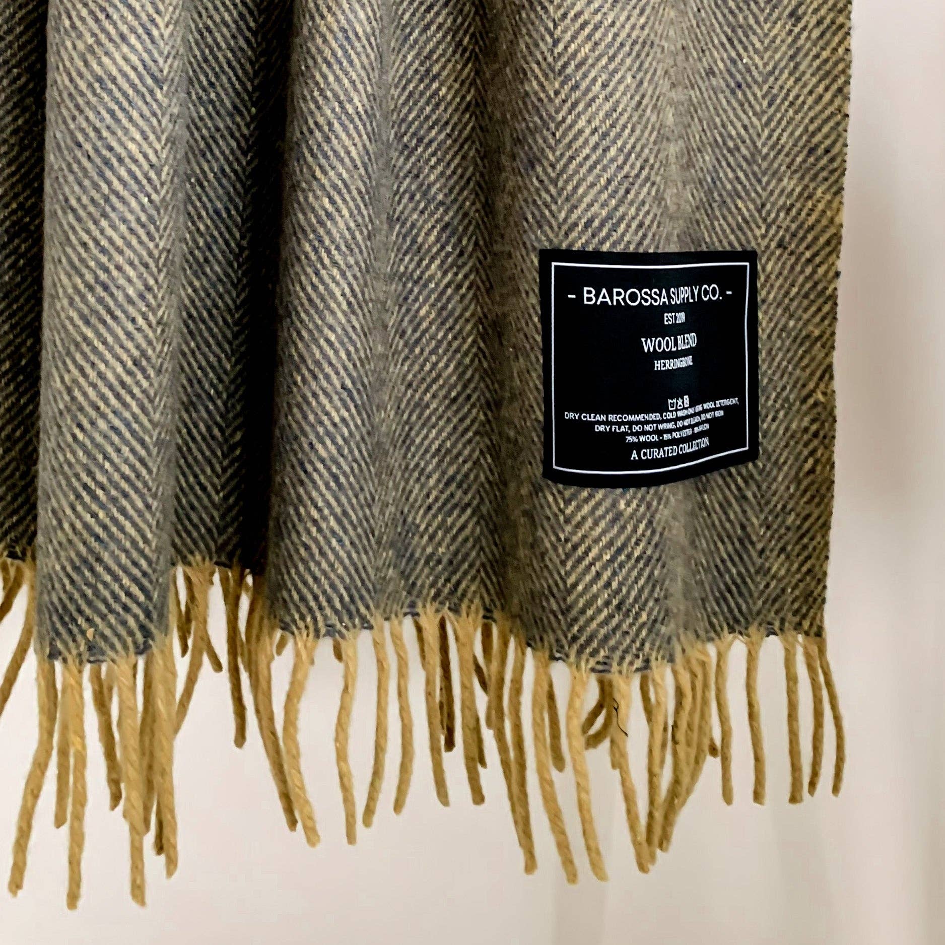 Herringbone Wool Blend Blanket - Blue / Yellow Ochre