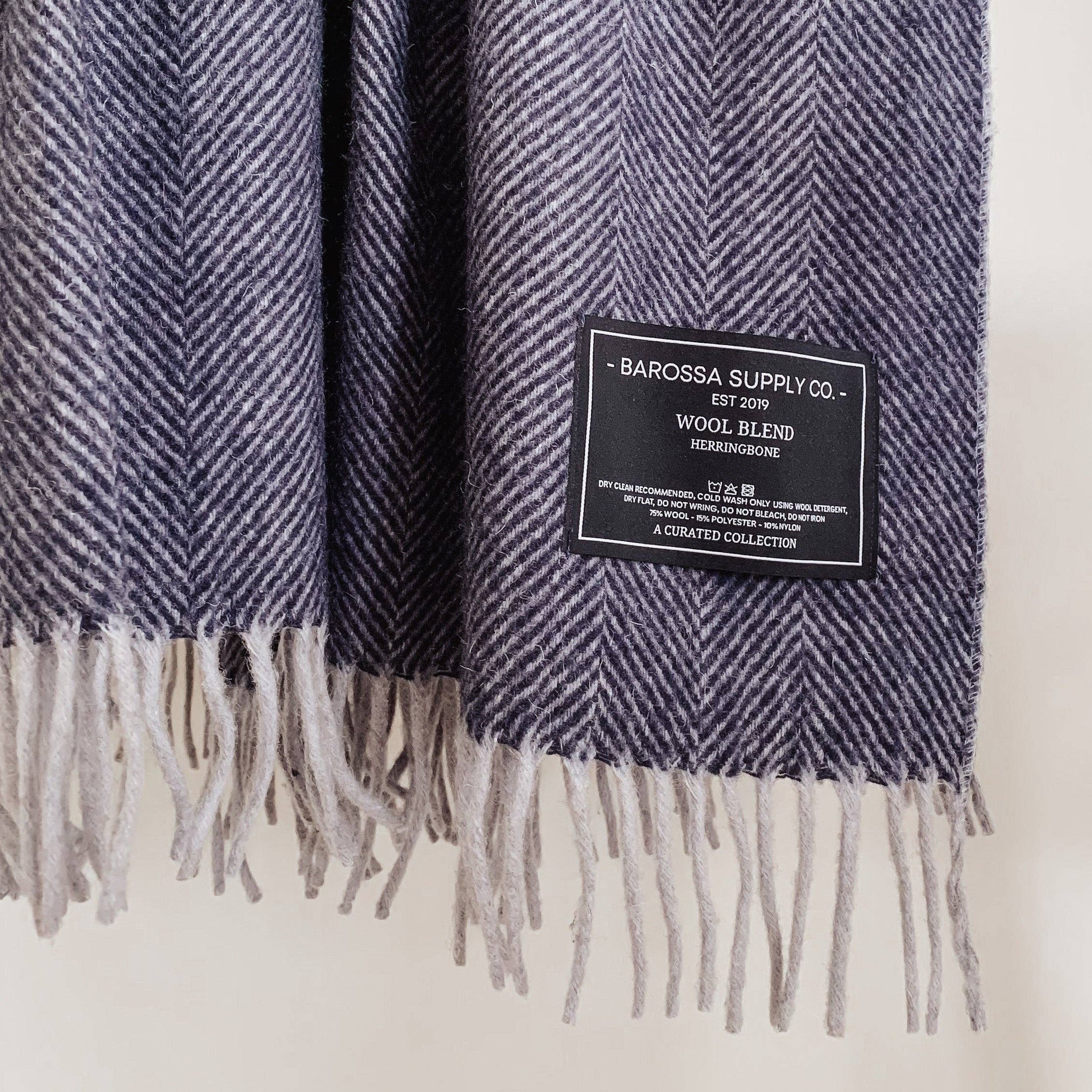 Herringbone Wool Blend Blanket - Blue
