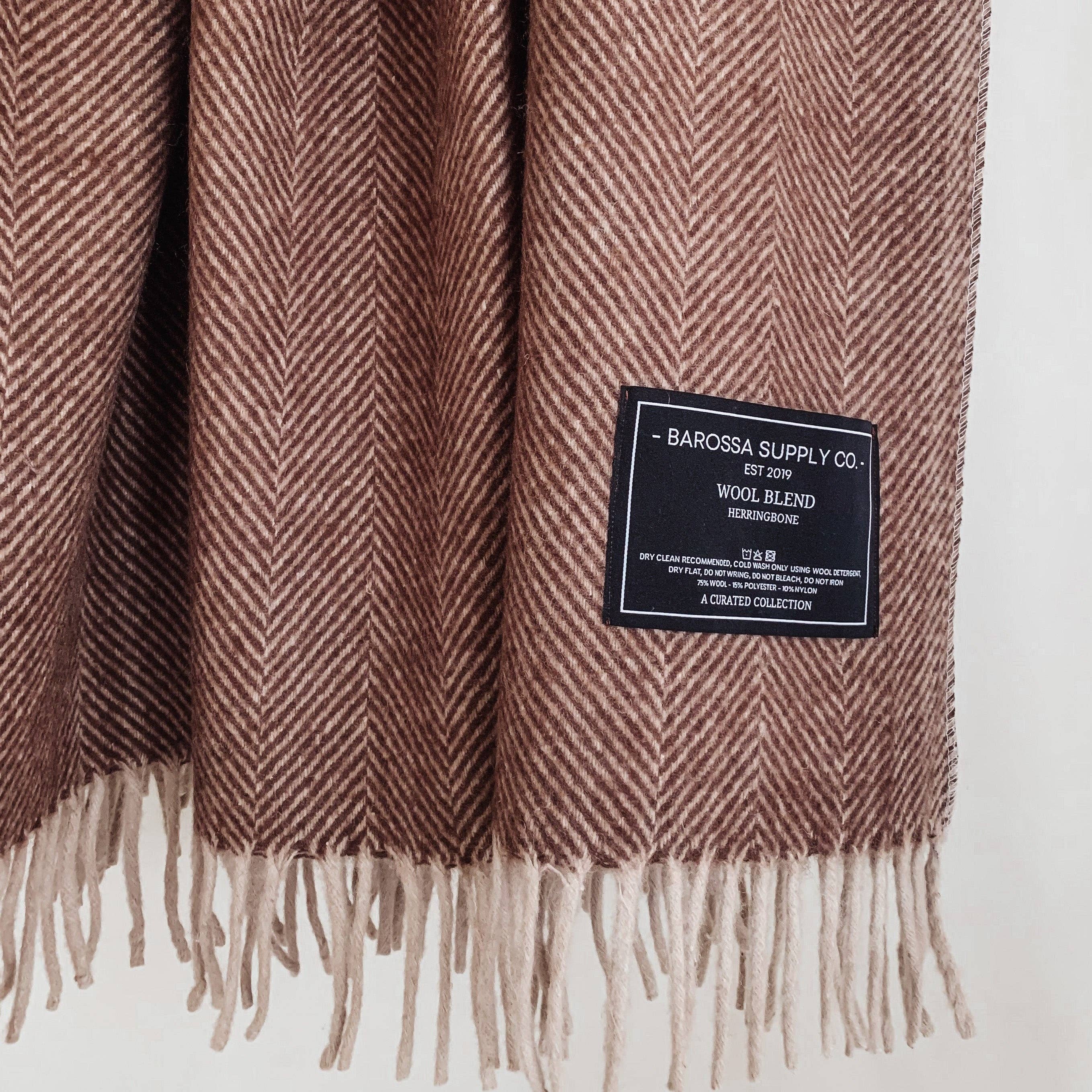 Herringbone Wool Blend Blanket - Chocolate