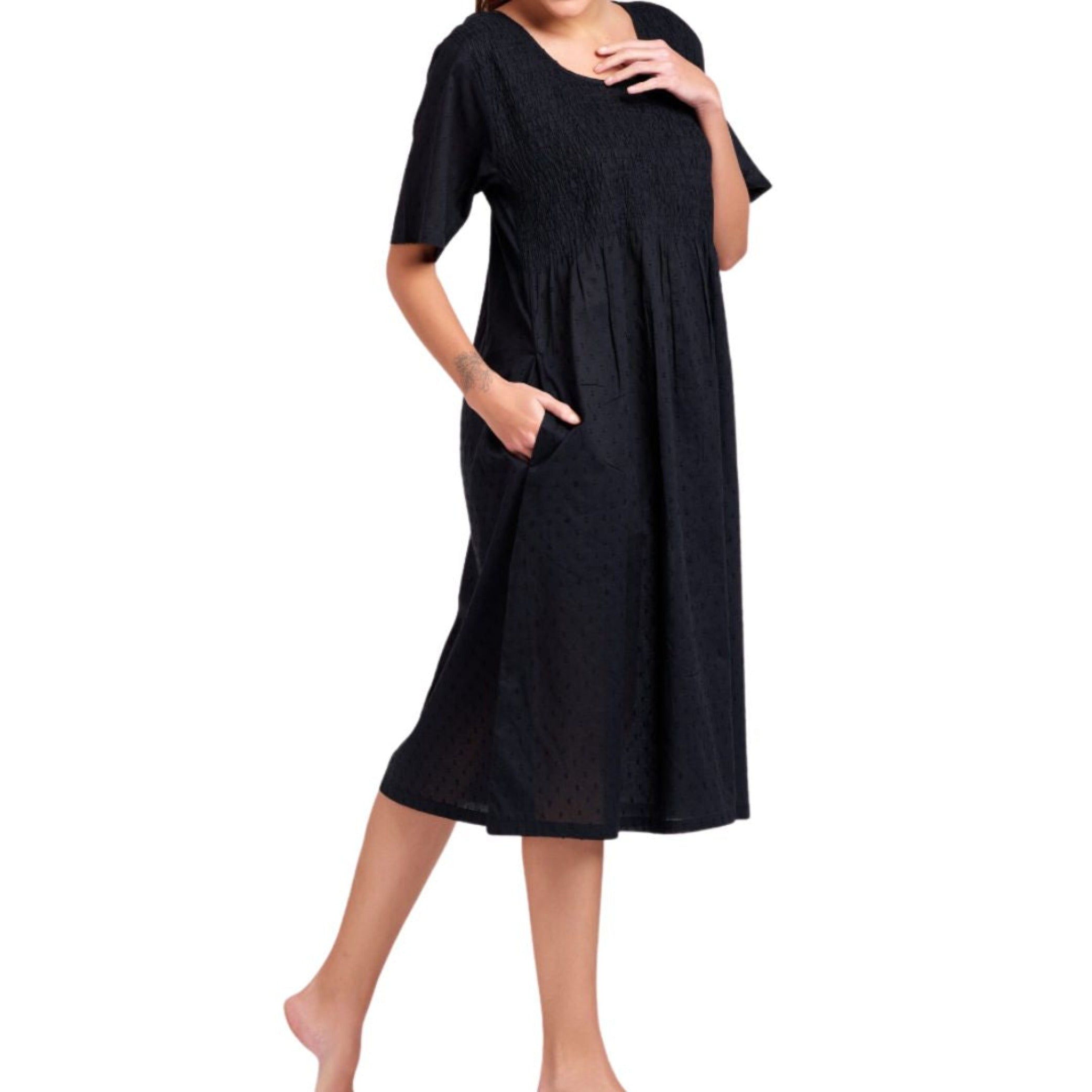 black cotton pjs on model with white background