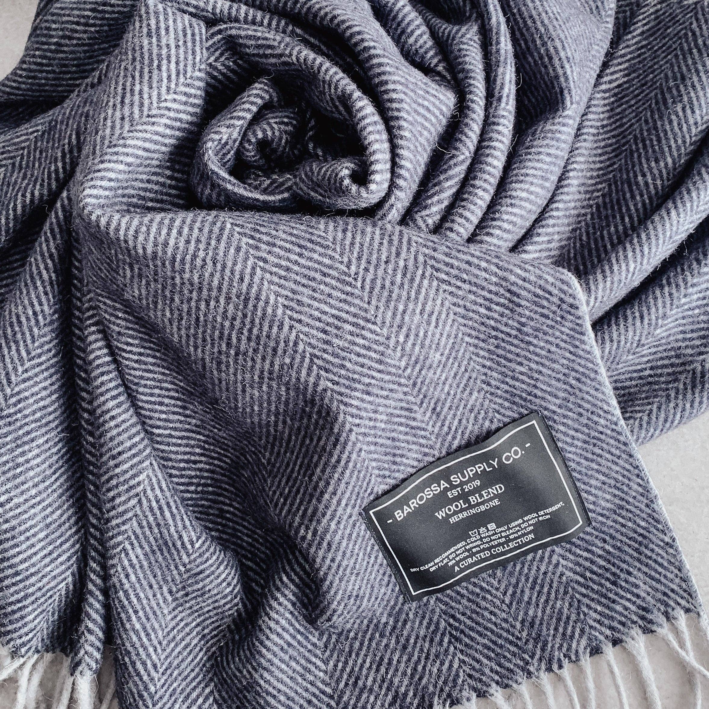 Herringbone Wool Blend Blanket - Blue