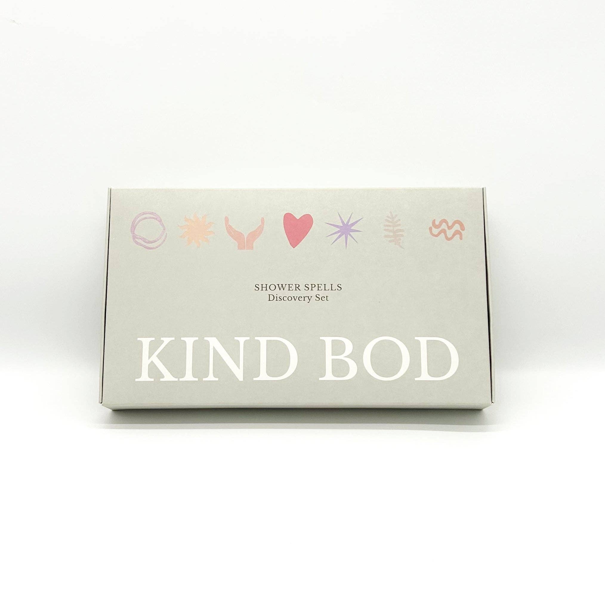 Kind Bod shower spells discovery kit packaging on a white background