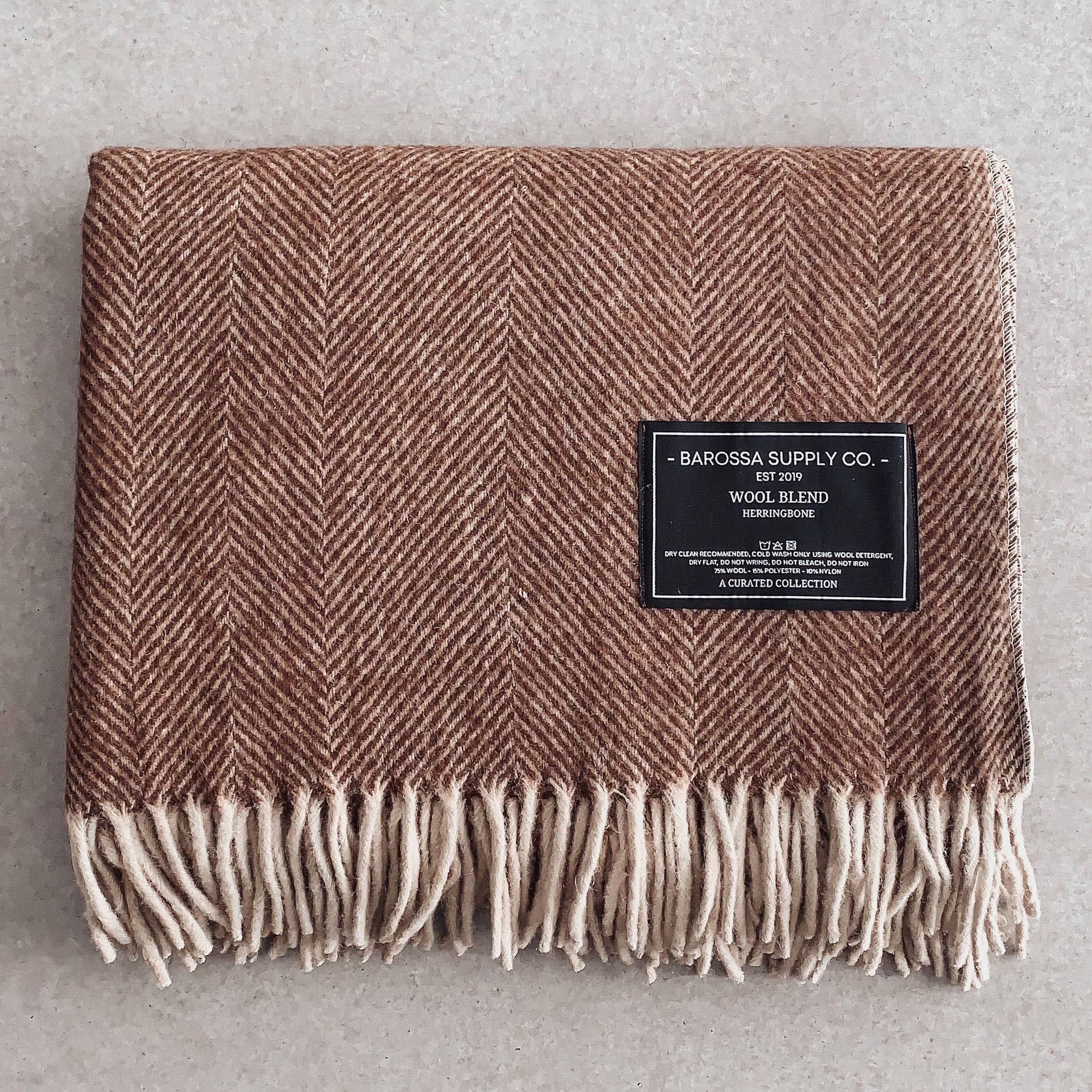 Herringbone Wool Blend Blanket - Chocolate