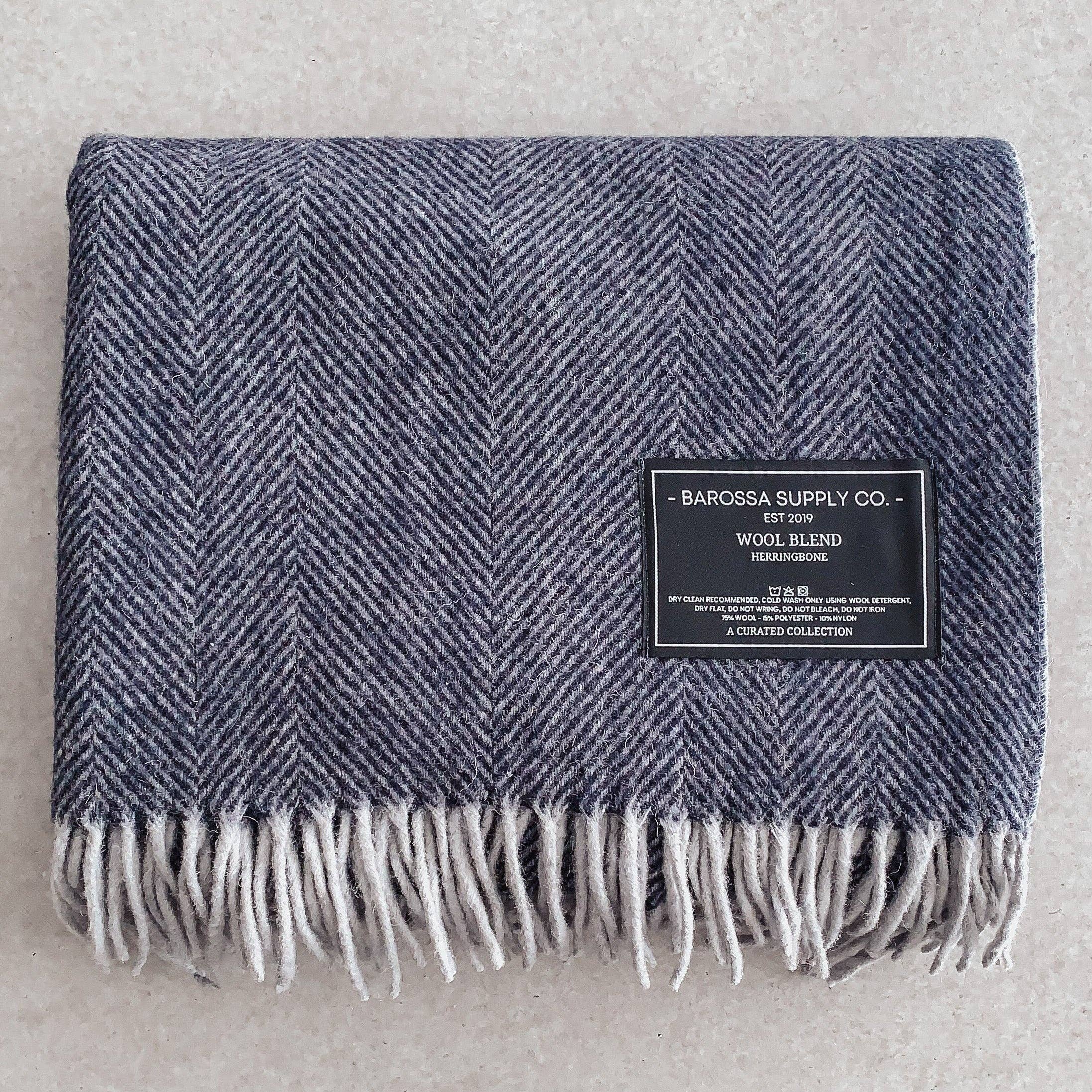 Herringbone Wool Blend Blanket - Blue