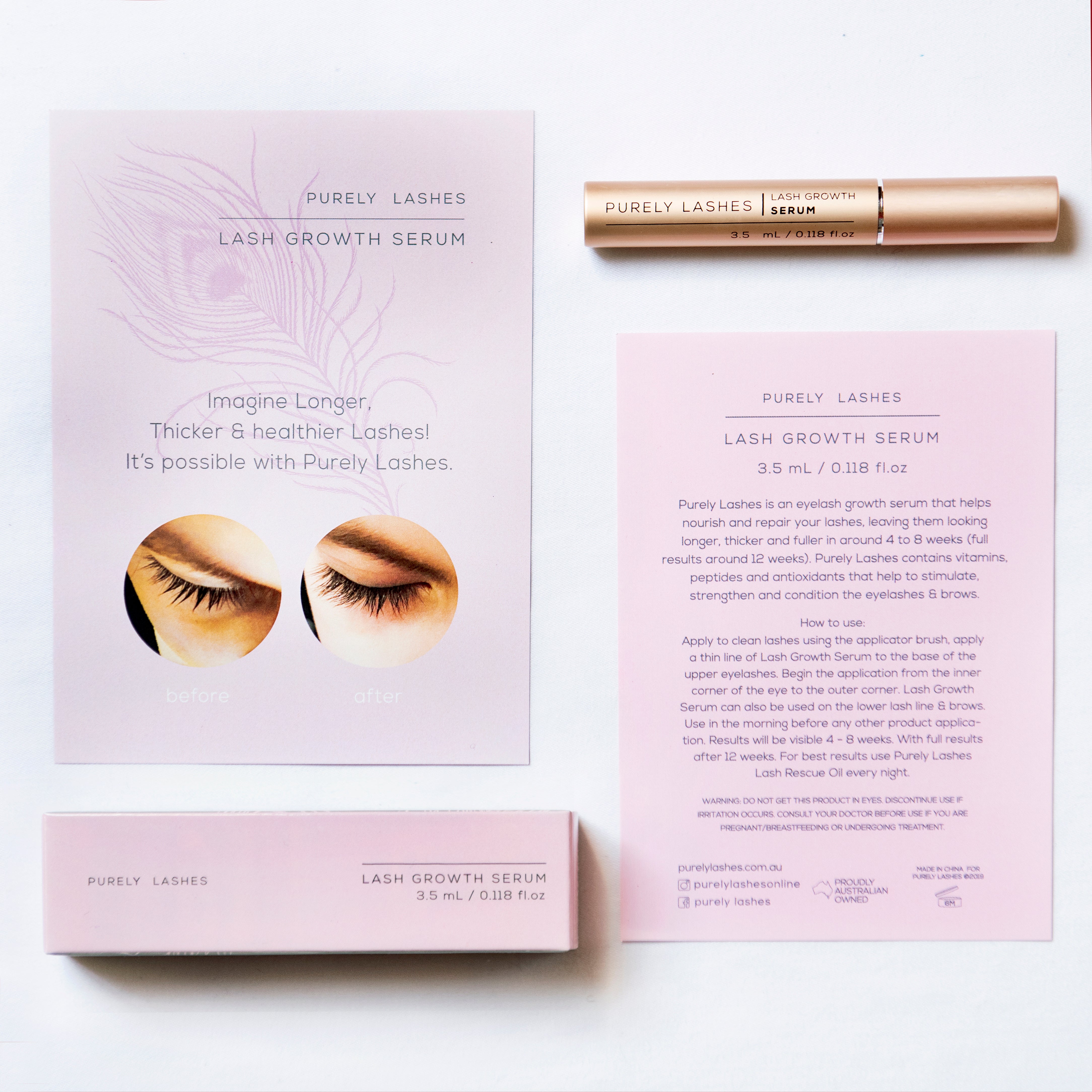 Layout of the Purely Lashes Growth serum products with packaging box and instructions sheet
